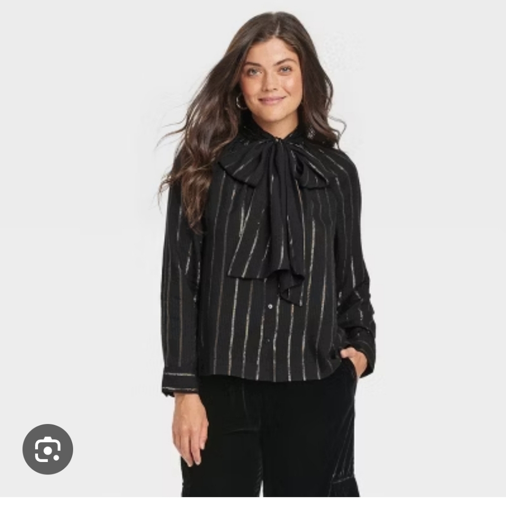 Universal Thread Long Sleeve Tie Front Ribbed Gold Striped Bow Blouse ~ Black